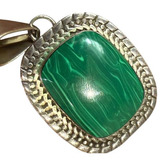 Vtg Green Malachite Stone 925 Sterling Silver Pendant Mexico ATI 2" Rectangle - Picture 8 of 8